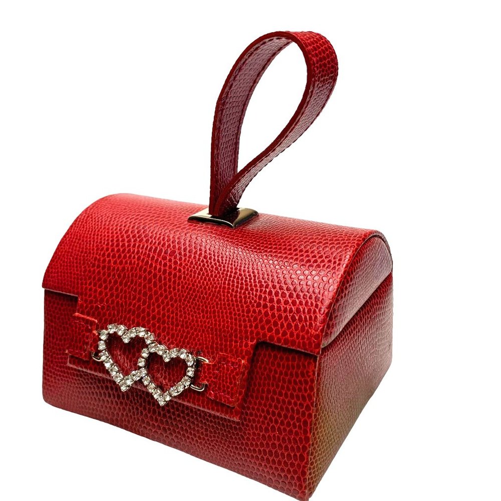 JEUN BANG  Embossed Faux Leather Rhinestone‎ Heart Accents Travel Jewelry Box